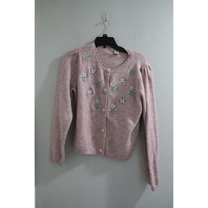 Sincerely Jules Pink Floral Embroidered Puff Sleeve Cardigan Sweater Women's L